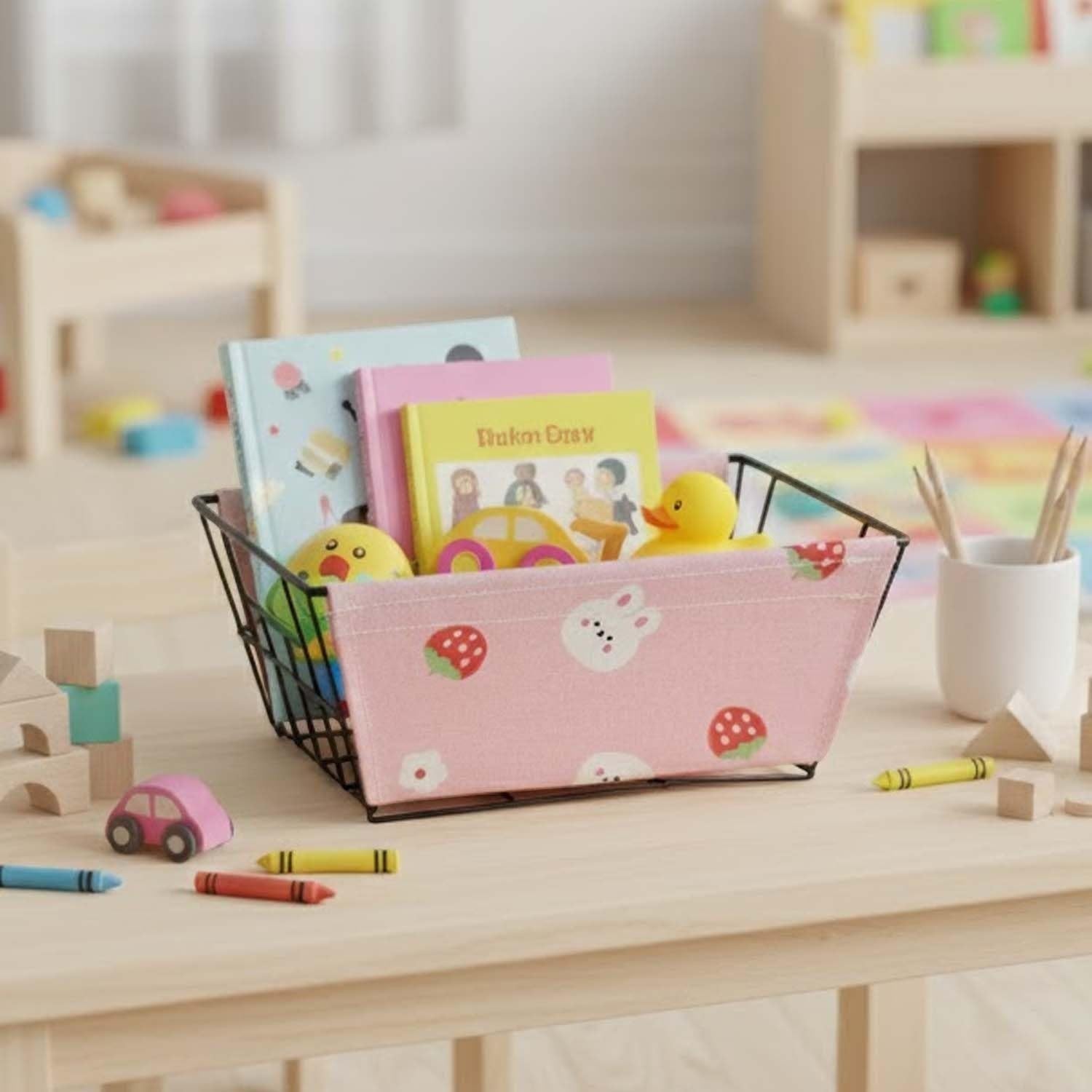 GoHooked pink fabric storage basket with cute strawberry and bunny print, metal wire frame, holding books and toys.
