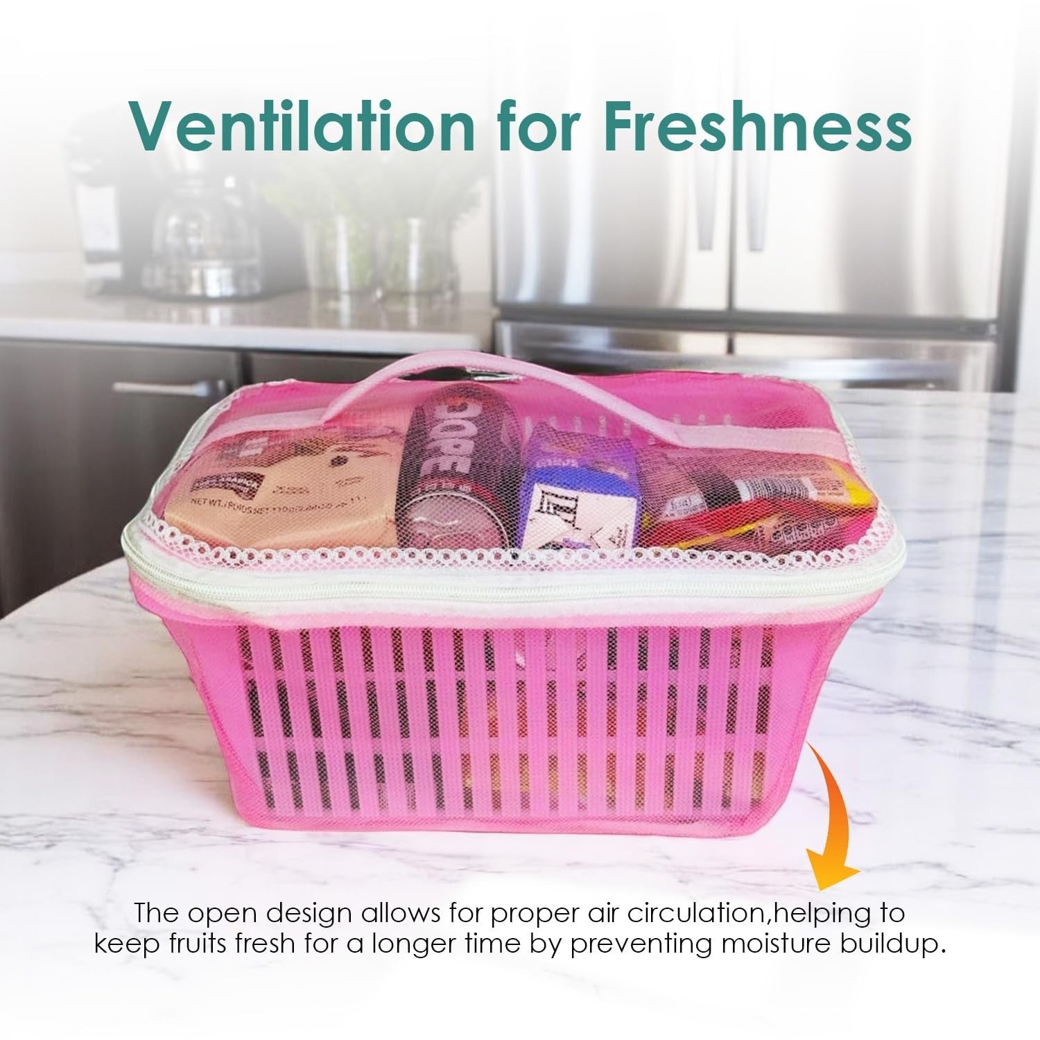 GoHooked pink multipurpose plastic storage basket with zip net cover, ideal for fruits and vegetables.