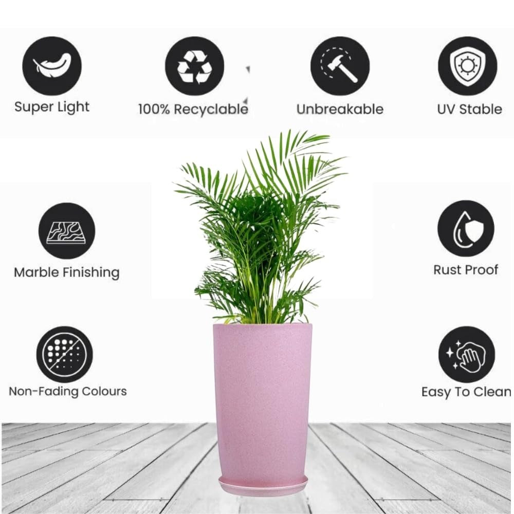 Go Hooked pink 18-inch tower planter with saucer, lightweight, UV stable, and rust-proof for indoor/outdoor use.