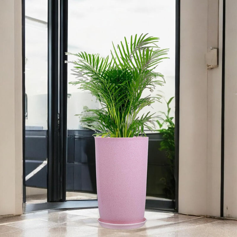 GoHooked 18 inch pink tower planter with saucer, lightweight, durable, and weather-resistant, with built-in drainage.