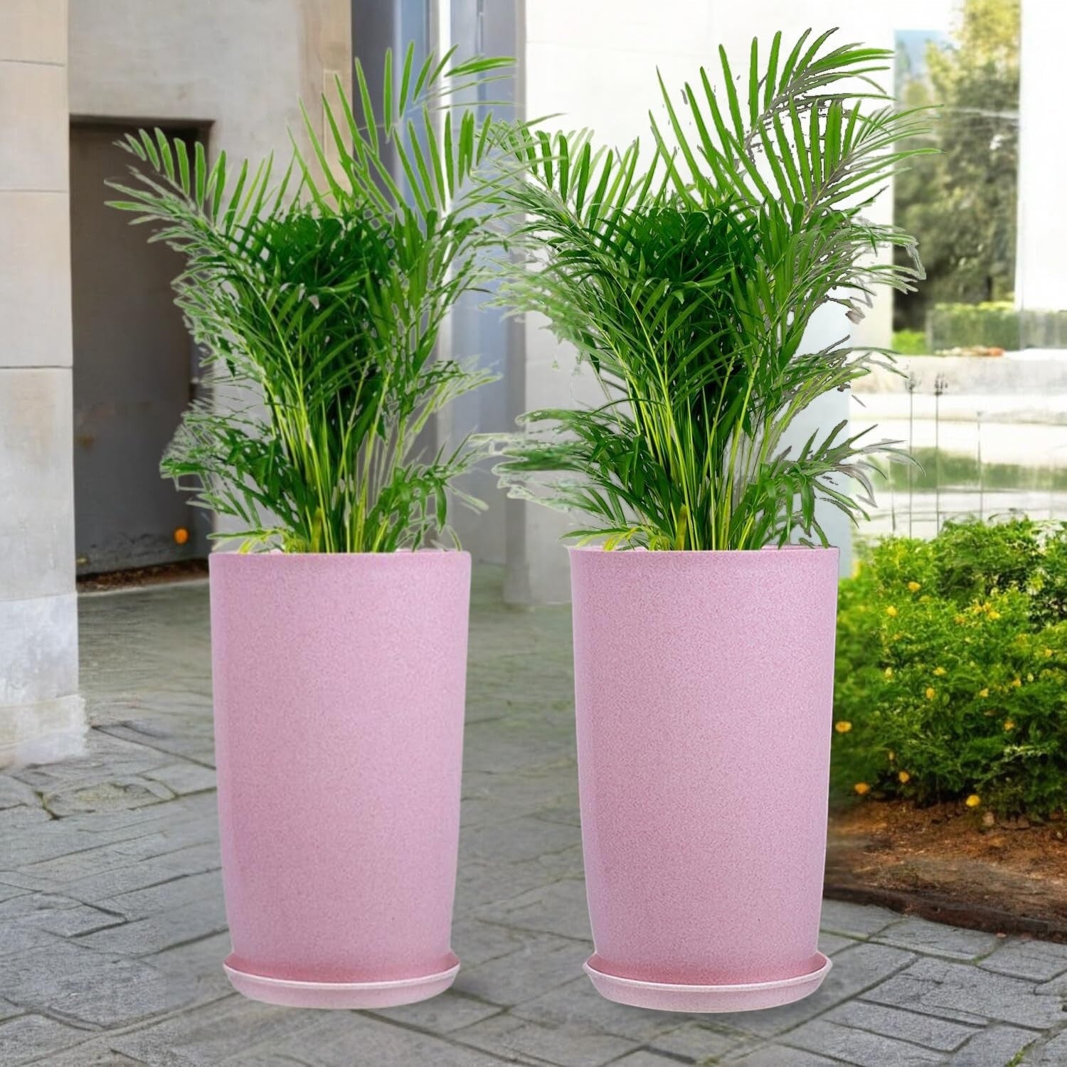 Go Hooked pair of 18-inch pink tower planters with saucers, lightweight and durable for indoor/outdoor use.