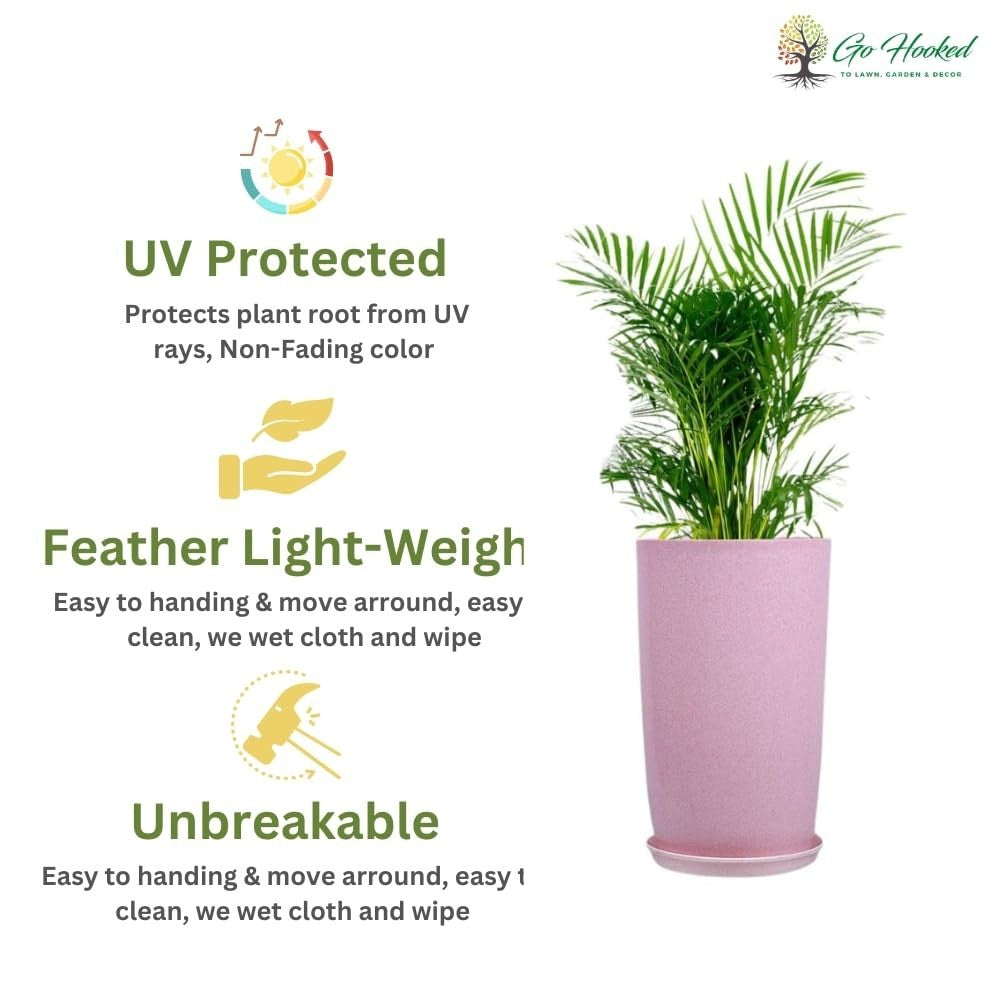 Go Hooked 18 inch pink tower pot with saucer tray, lightweight, UV protected, and unbreakable for indoor/outdoor use.