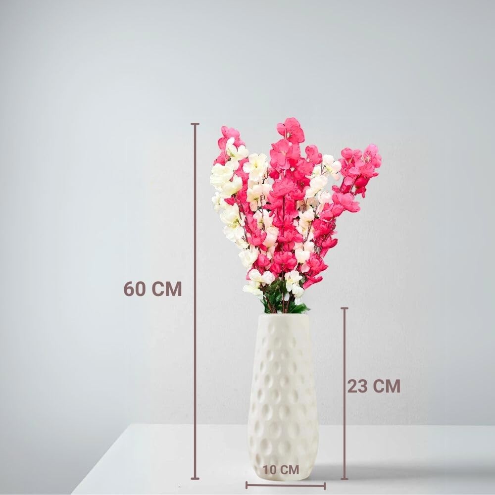 GoHooked pink and white artificial flowers in a textured white ceramic vase. Realistic faux blossoms for home decor.