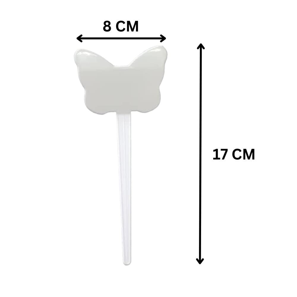 GoHooked white butterfly-shaped plant name tag, 8cm wide and 17cm tall, for garden use.