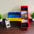 GoHooked Multicolour plastic drawer organisers with socks and underwear neatly folded inside. Set of 3.