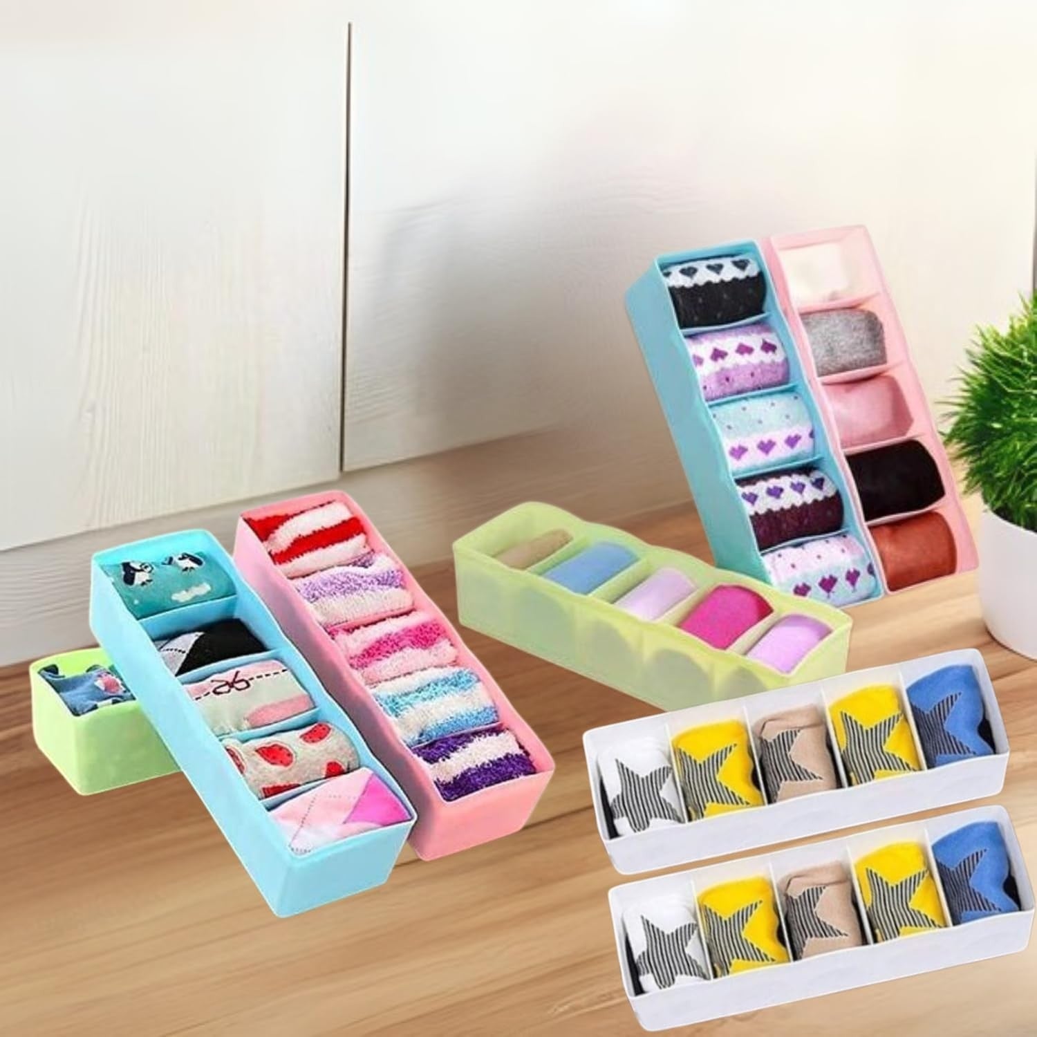 GoHooked Multicoloured plastic drawer organisers with multiple compartments, ideal for socks and underwear.