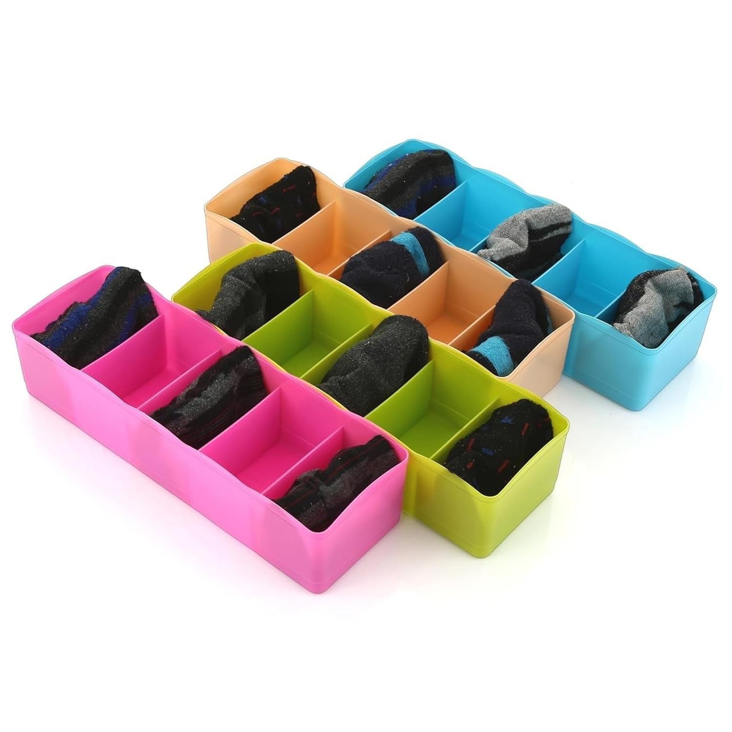GoHooked set of 4 multicolor plastic drawer organizers with 5 grids each, perfect for socks and undergarments.