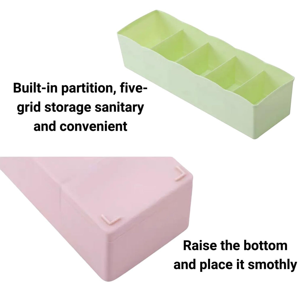 GoHooked multicolour plastic 5-grid drawer organiser for socks, underwear, and accessories. Space-saving and durable.