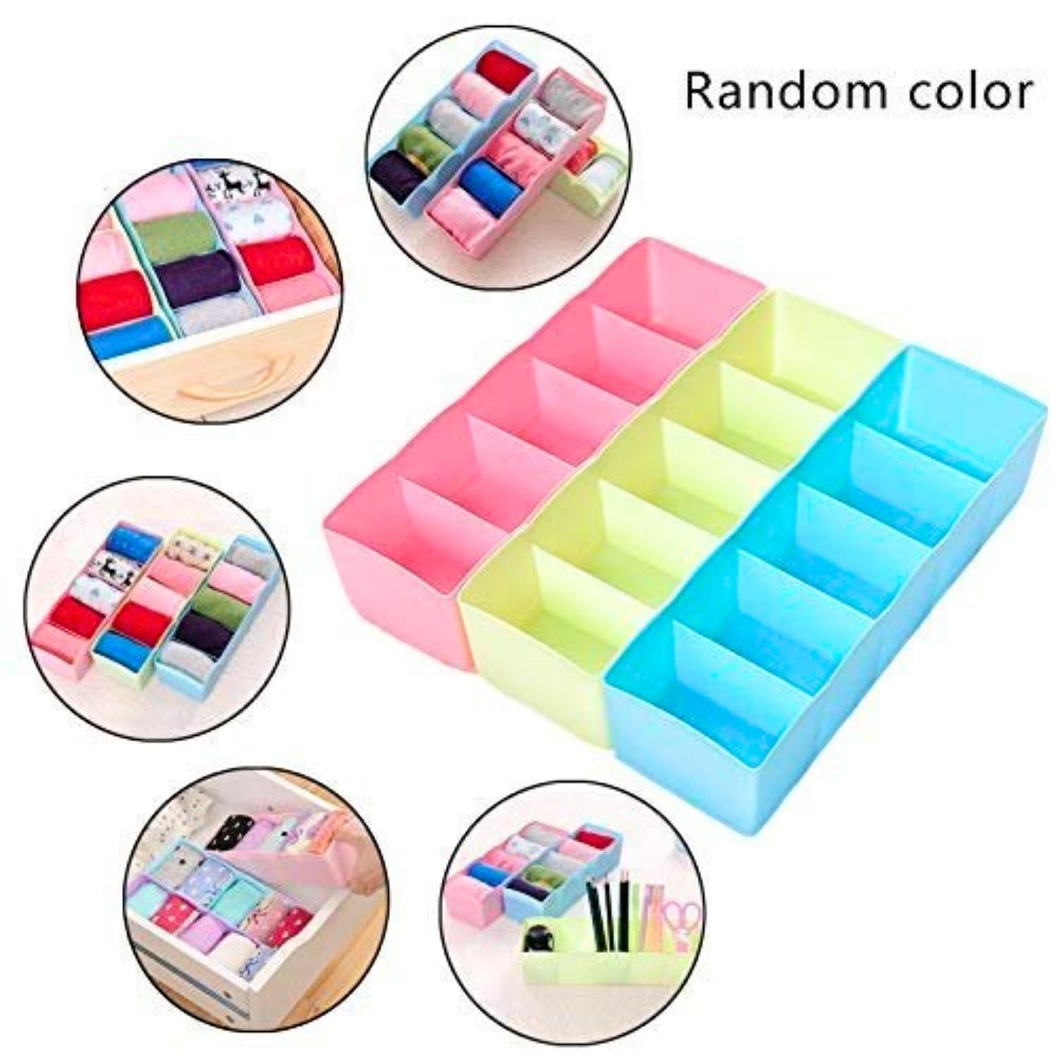 GoHooked set of 3 multicolour plastic 5-grid drawer organizers for socks, underwear, and small items.