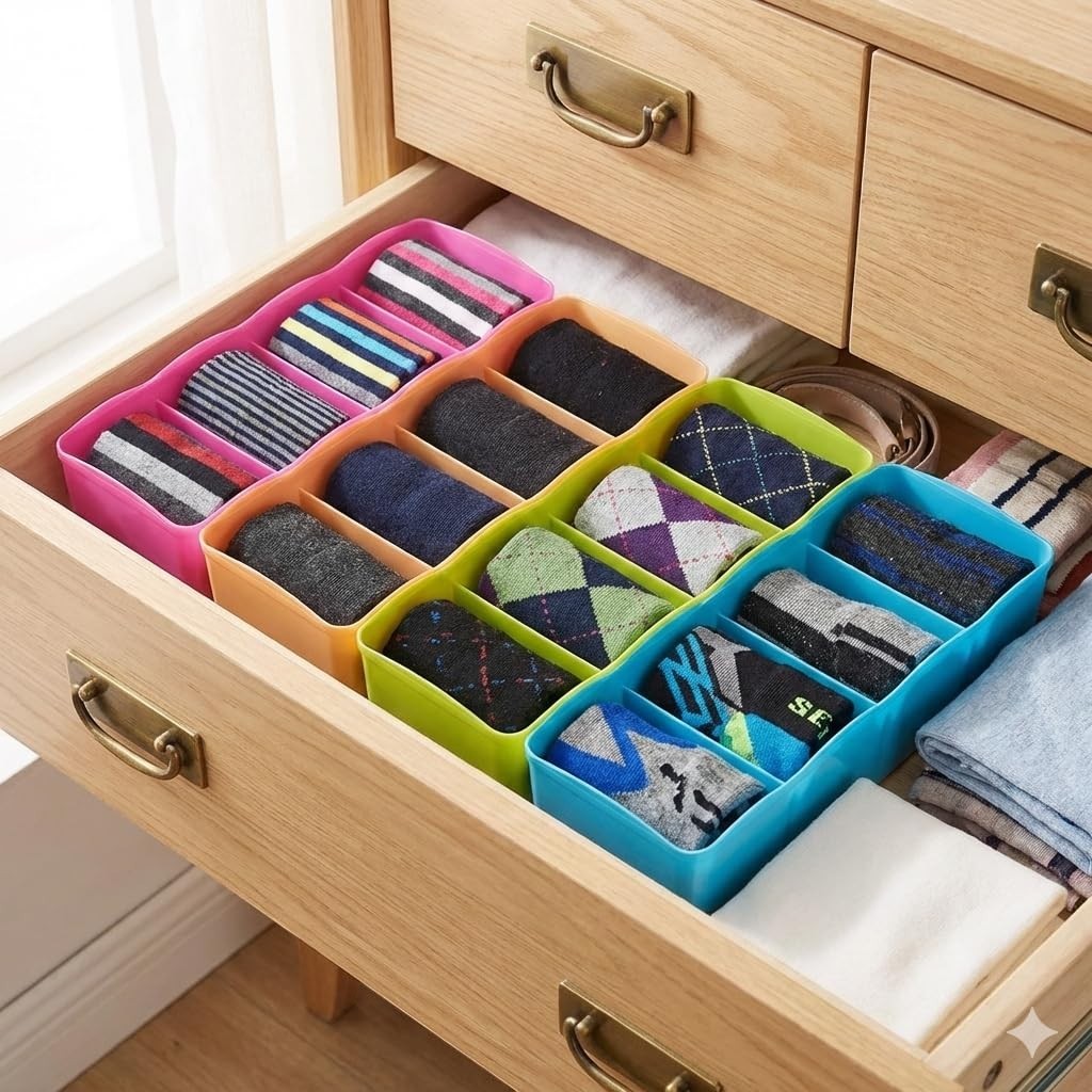 GoHooked multicolour plastic 5-grid drawer organisers neatly storing socks and underwear. Space-saving and durable.