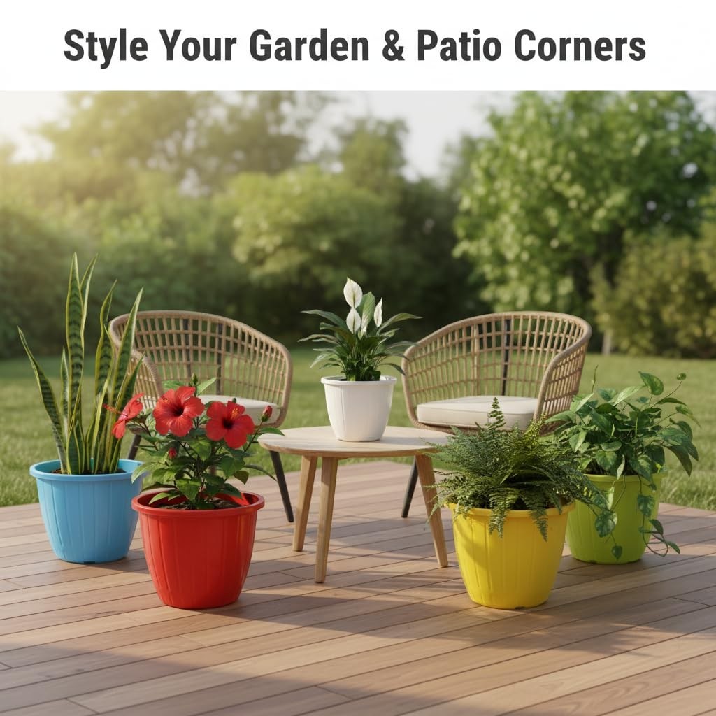 Go Hooked 10-inch multicolor plastic Duro flower pots, set of 4, for indoor/outdoor gardening.