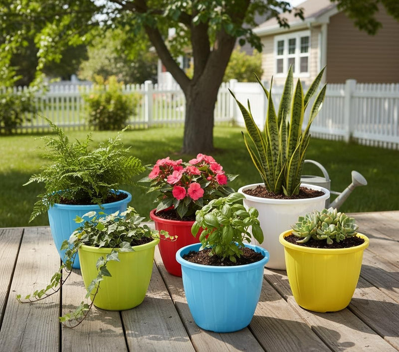 Go Hooked 10-inch multicolor plastic Duro flower pots, set of 6, for indoor/outdoor gardening.