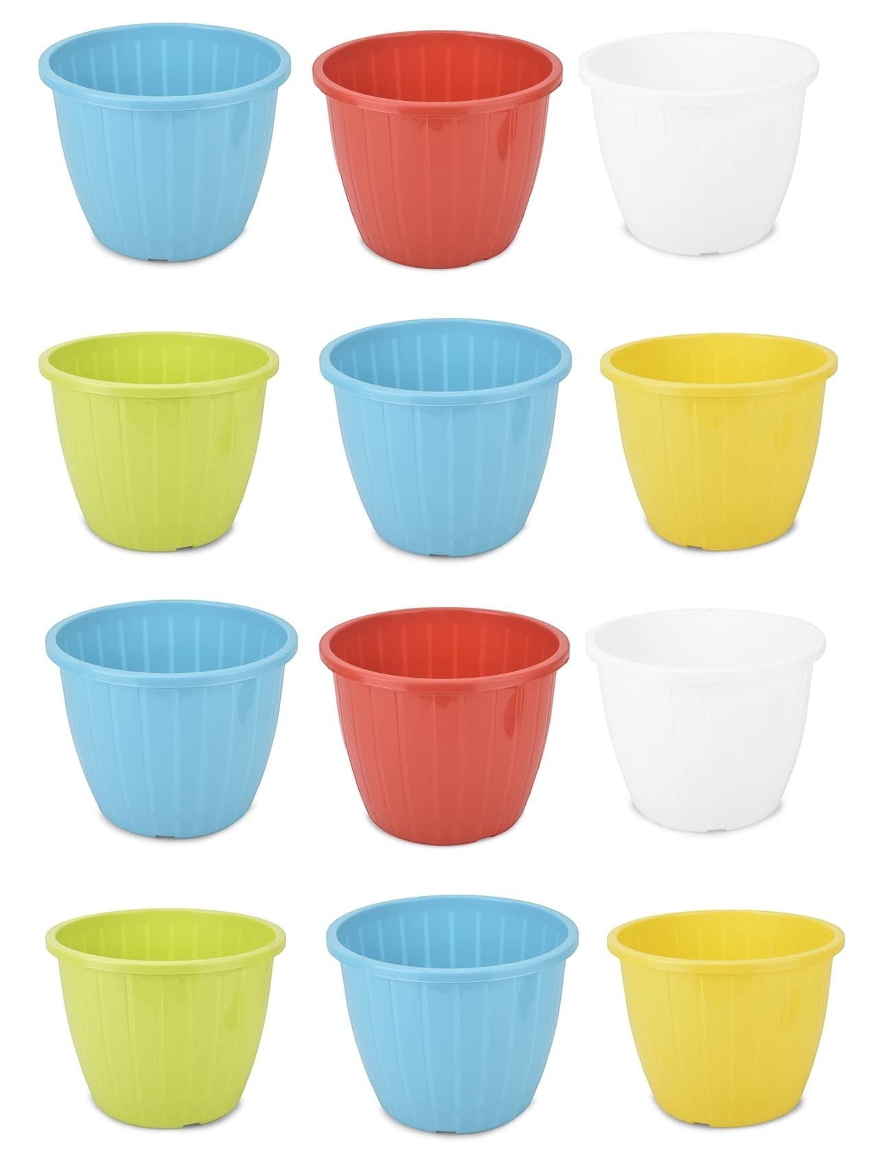 GoHooked Duro plastic flower pots in blue, red, white, yellow, and green. Pack of 12, 10-inch planters for indoor/outdoor gardening.