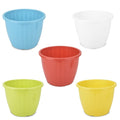 GoHooked Duro plastic flower pots in blue, white, red, green, and yellow. Pack of 5, 10-inch planters for indoor/outdoor gardening.