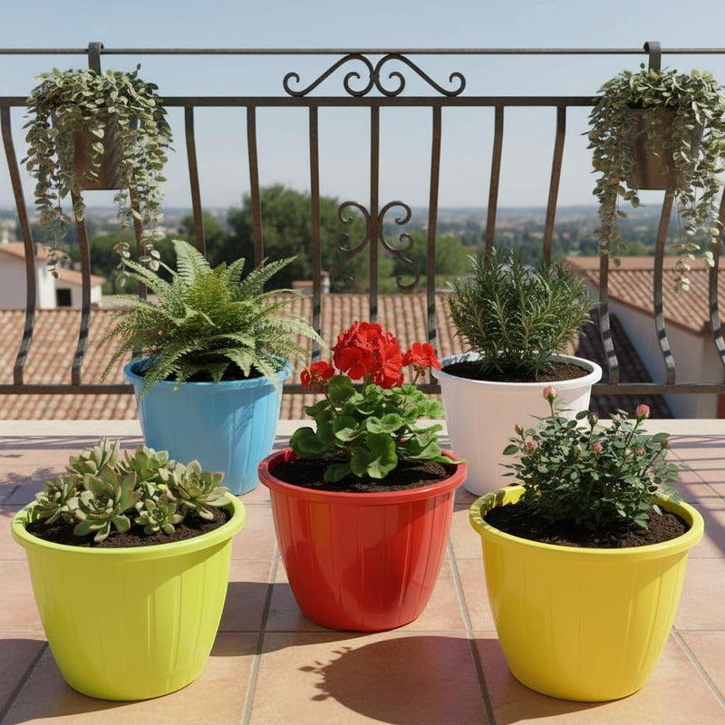 GoHooked 5-pack 10-inch multicolor plastic Duro flower pots for gardening. Includes red, yellow, lime green, light blue, and white pots.