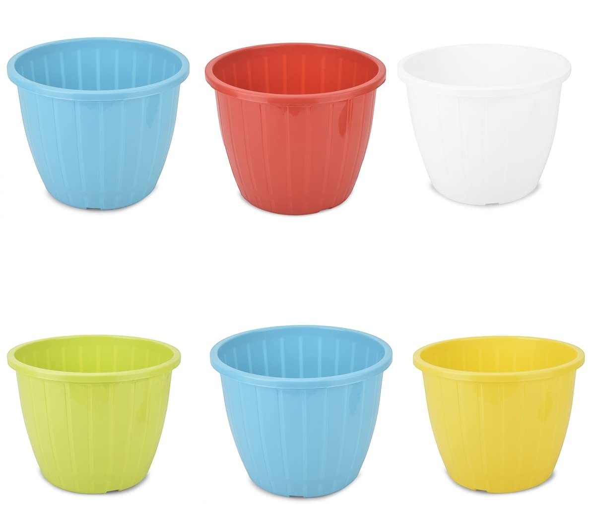 GoHooked 10-inch plastic Duro flower pots in blue, red, white, green, and yellow. Pack of 6.
