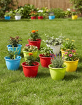 GoHooked 10-inch multicolor plastic Duro flower pots, set of 10, for indoor/outdoor gardening.