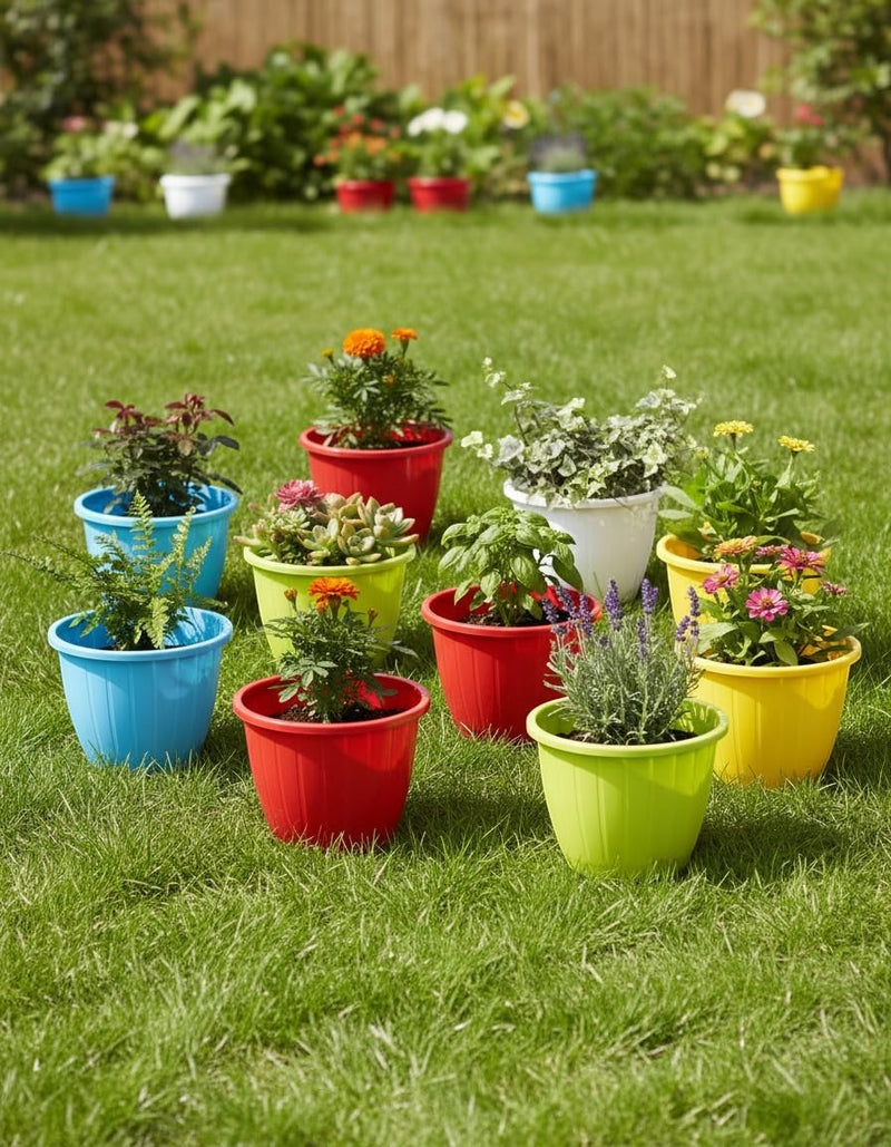 GoHooked 10-inch multicolor plastic Duro flower pots, set of 10, for indoor/outdoor gardening.