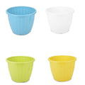 GoHooked set of 4 multicolor 10-inch plastic duro flower pots for indoor/outdoor gardening. Blue, white, green, and yellow.
