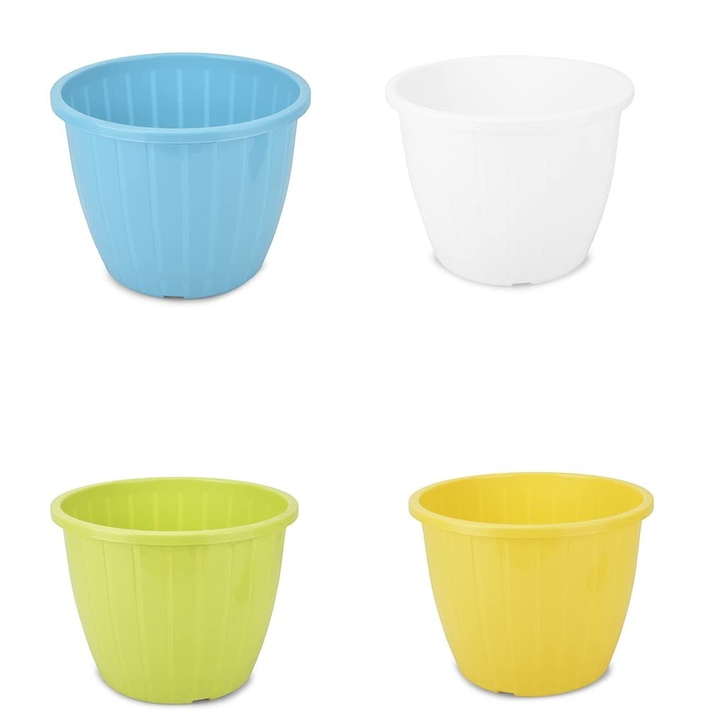 GoHooked set of 4 multicolor 10-inch plastic duro flower pots for indoor/outdoor gardening. Blue, white, green, and yellow.
