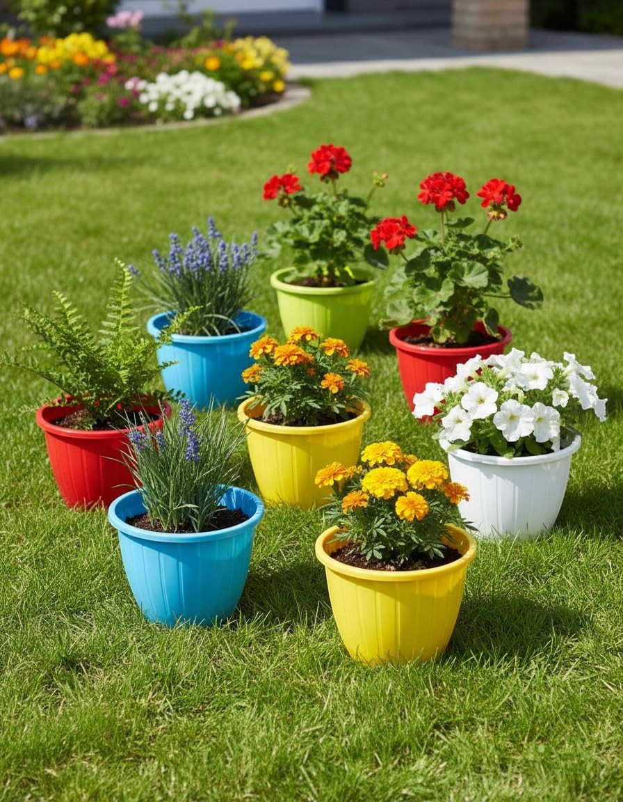 GoHooked 8-pack of 10-inch multicolor plastic Duro flower pots with ribbed design, suitable for indoor/outdoor gardening.
