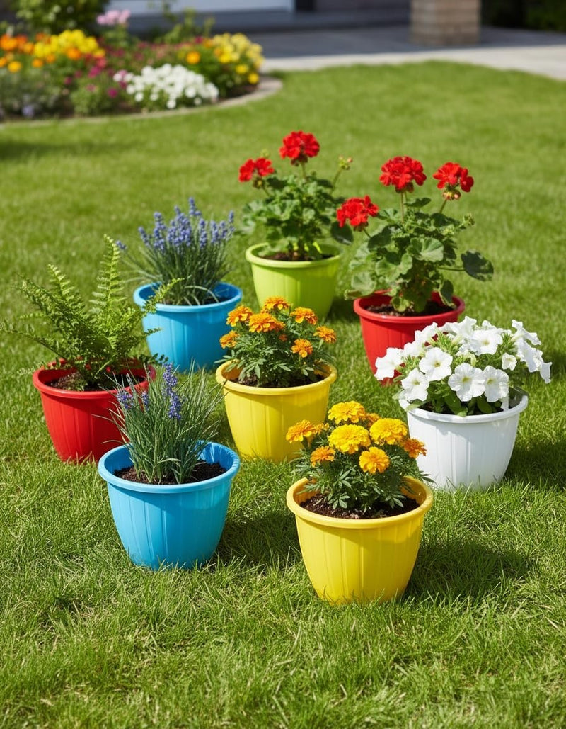 GoHooked 8-pack of 10-inch multicolor plastic Duro flower pots with ribbed design, suitable for indoor/outdoor gardening.