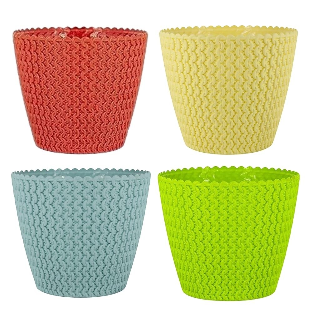 GoHooked set of 4 plastic flower pots in red, yellow, blue, and green with a knit-like texture.