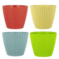 GoHooked set of 4 plastic flower pots in red, yellow, blue, and green with a knit-like texture.