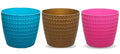GoHooked pack of 3 pink, blue, and gold plastic flower pots with a textured knit design, 5.5 inch diameter.