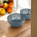 GoHooked light grey plastic fruit bowl with intricate cut-out design, 21cm diameter, 9.5cm height. Pack of 2.