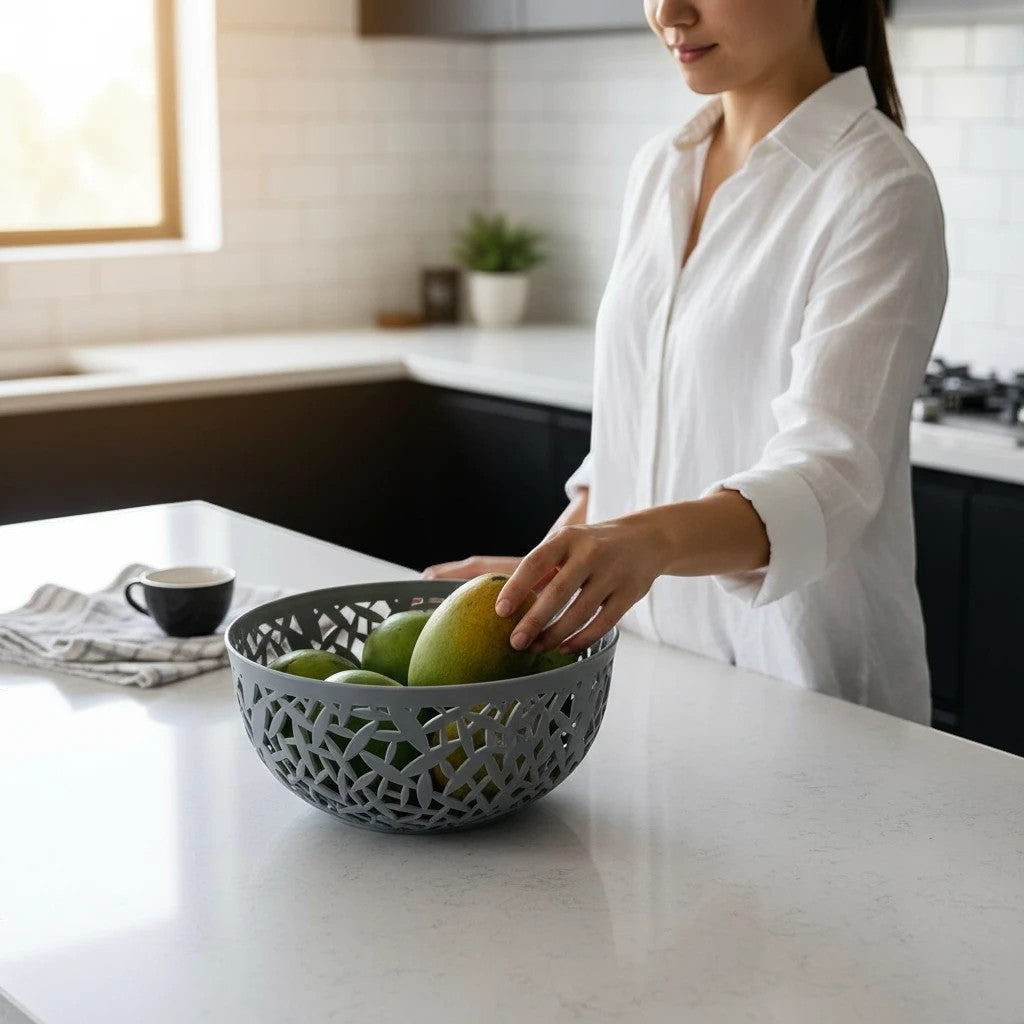Go Hooked light grey plastic fruit bowl with intricate cutout design, holding mangoes on a kitchen counter.