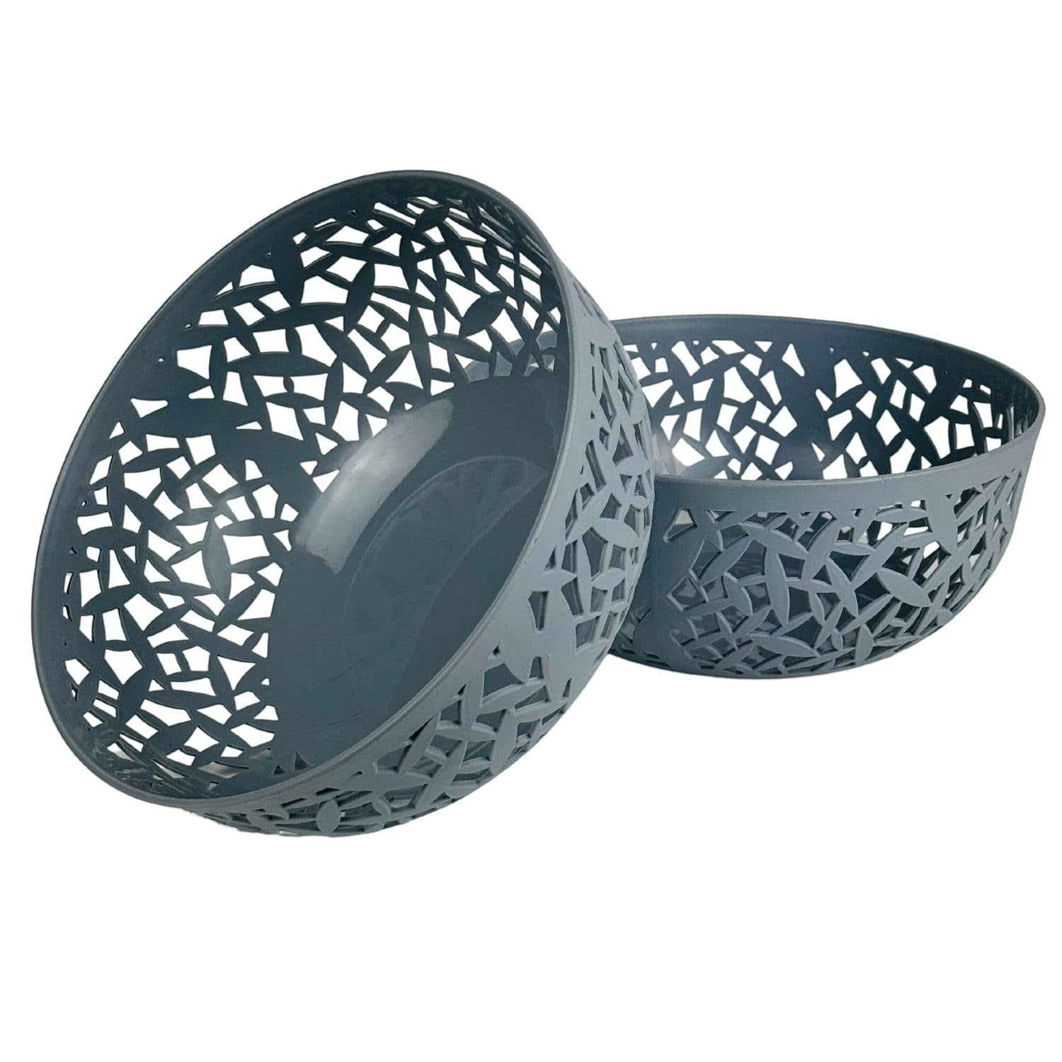 GoHooked light grey plastic fruit bowl with cutout leaf design, 21cm wide, 9.5cm height. Pack of 2.