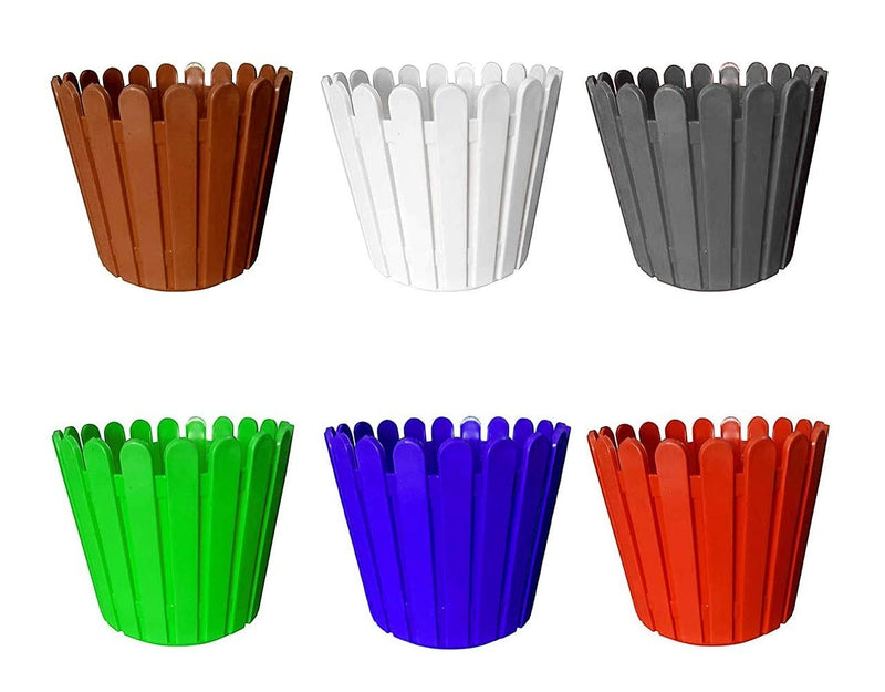 Go Hooked set of 6 multicolor 11-inch plastic garden fence pots. Durable, lightweight, and all-weather planters.