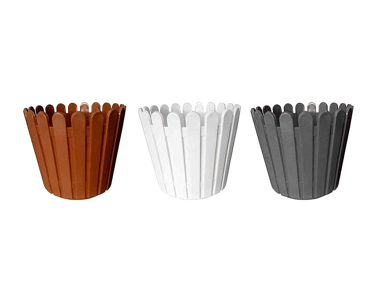 Go Hooked set of 3 plastic garden fence pots in brown, white, and grey. 11-inch diameter.