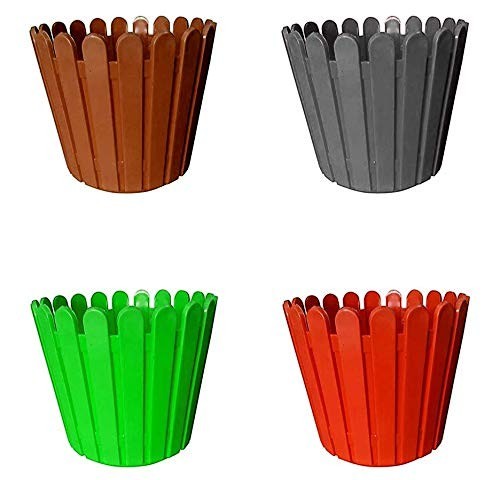 GoHooked set of 4 plastic garden fence pots in brown, grey, green, and red. 11 inch diameter.