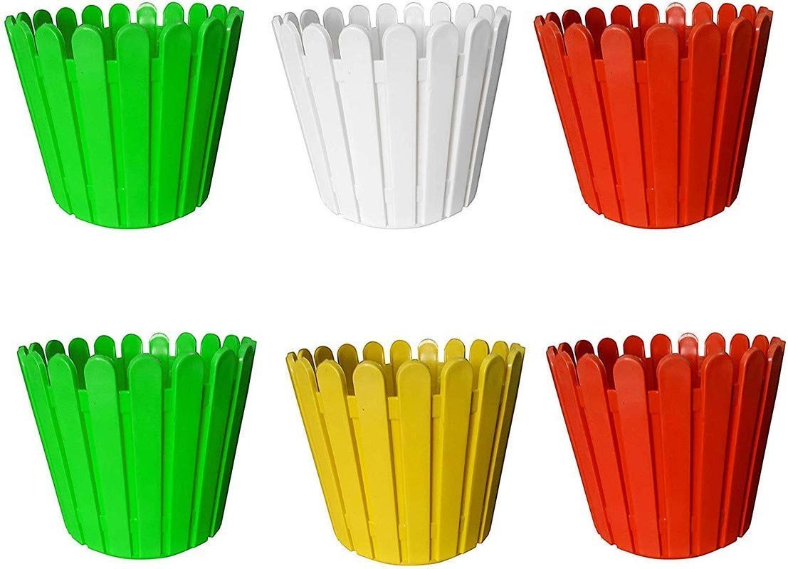 Go Hooked 11-inch multicolor plastic garden fence pots, set of 6. Durable, lightweight, all-weather planters for indoor and outdoor use.