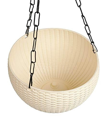 GoHooked cream plastic rattan hanging basket with black metal chain, 7.1 inch diameter, set of 5