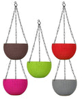 GoHooked set of 5 multicolored plastic rattan hanging baskets with metal chains. Features woven texture.