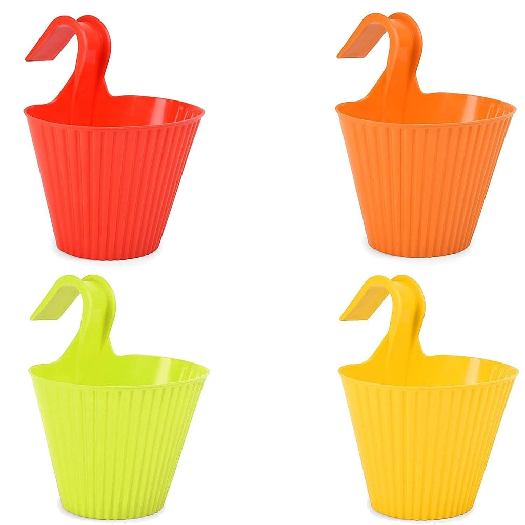 GoHooked set of 4 assorted color plastic hanging lily pots planters, 5.25x6 inch, with double hooks.