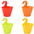 GoHooked set of 4 assorted color plastic hanging lily pots planters, 5.25x6 inch, with double hooks.
