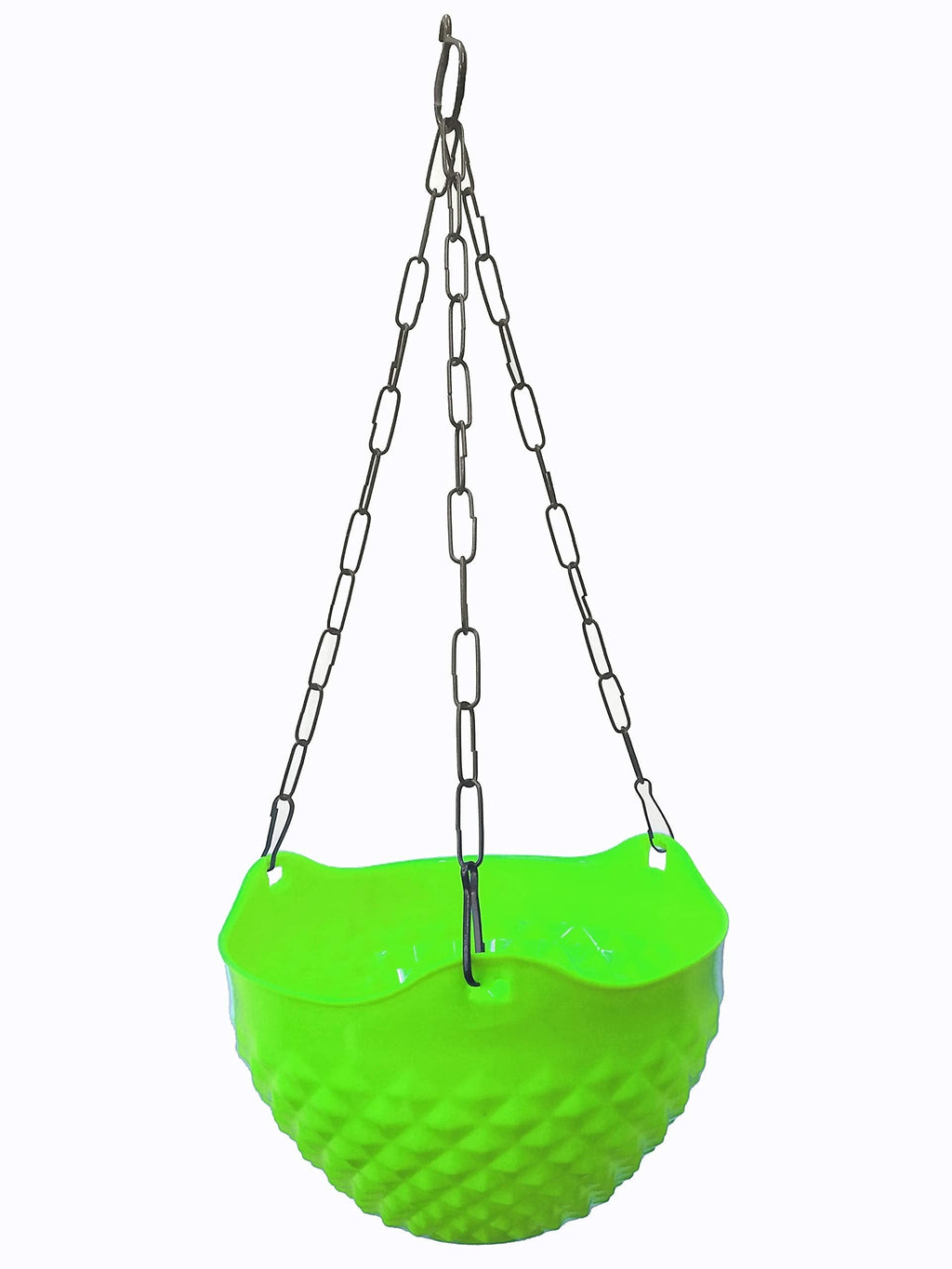 Go Hooked bright green plastic hanging planter with diamond pattern and metal chain. Set of 7.
