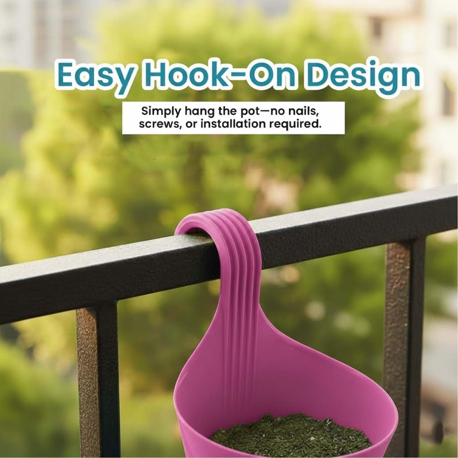 GoHooked magenta plastic hanging planter with double hook design for balcony railings. Set of 4.