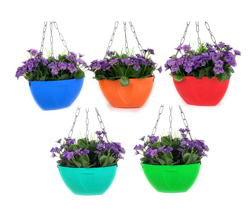 GoHooked multicolor plastic hanging planters with purple flowers, set of 3, 8.5x6 inches