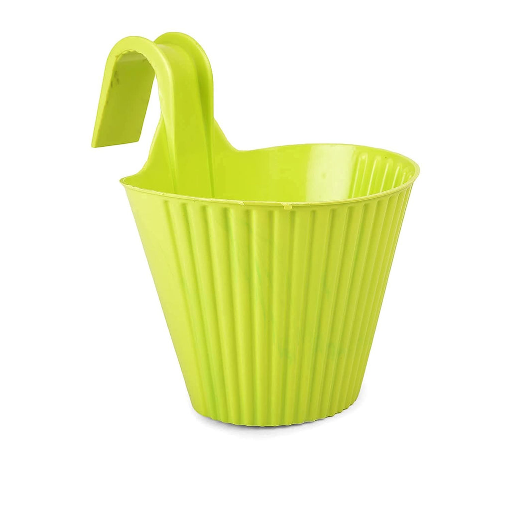 GoHooked lime green plastic hanging planter pot, 5.25x6 inch, with ribbed texture and double hook for railings.