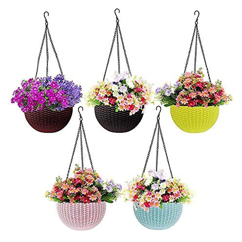 Go Hooked set of 5 multicolour plastic hanging planters with woven rattan look, 7.1 inch diameter.
