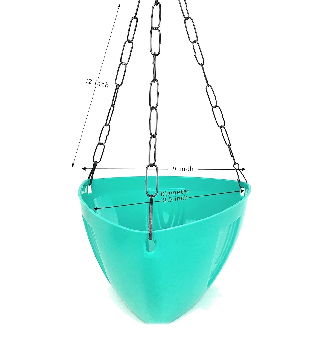 Go Hooked teal plastic hanging planter with metal chain, 8.5-inch diameter, 12-inch chain length.