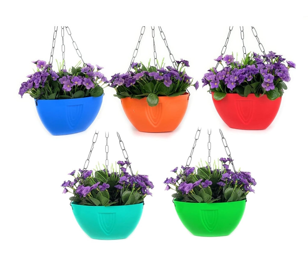 Go Hooked set of 5 assorted color plastic hanging planters with metal chains, filled with purple flowers.