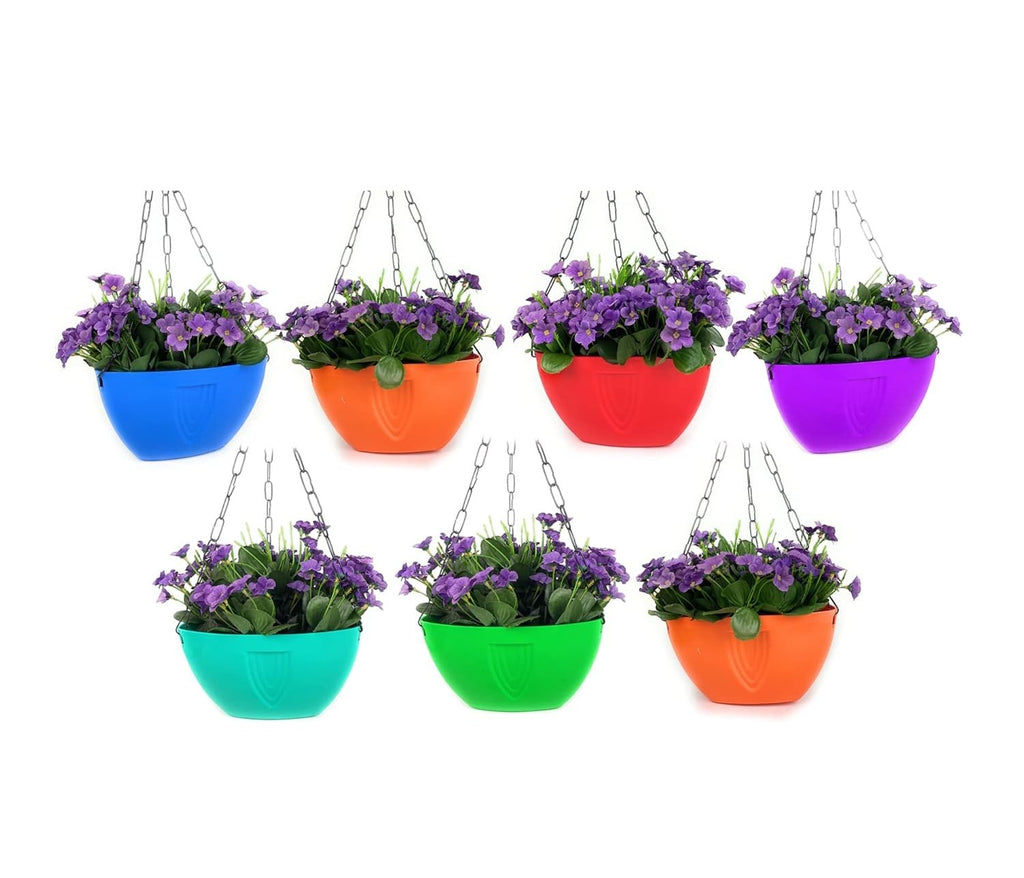 GoHooked set of 7 assorted color unbreakable plastic hanging planters with metal chains, filled with purple flowers.