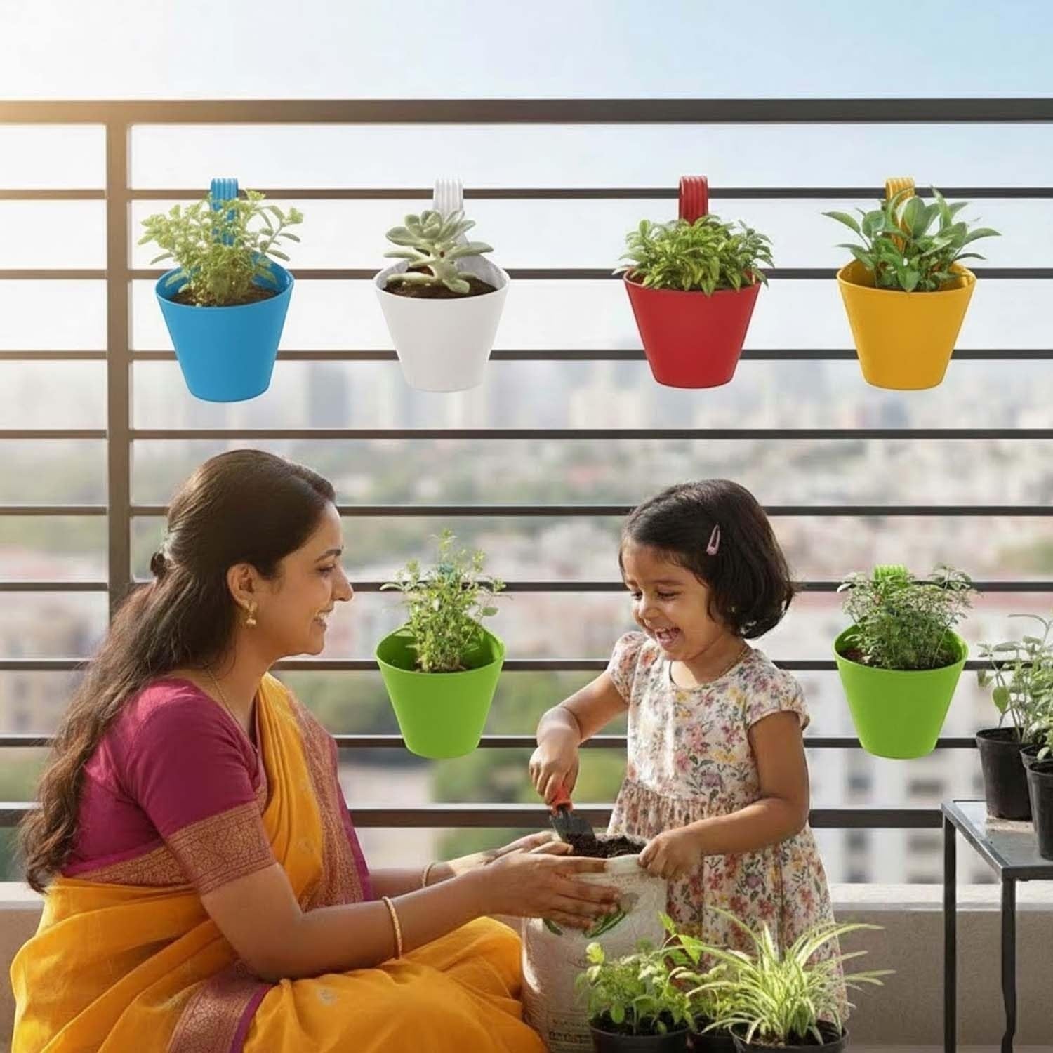 Go Hooked assorted color plastic lily hanging pots, 6-inch, pack of 4, with a woman and child gardening on a balcony.