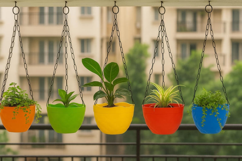GoHooked set of 5 assorted color plastic hanging planters with plants, ideal for balcony or patio decor.